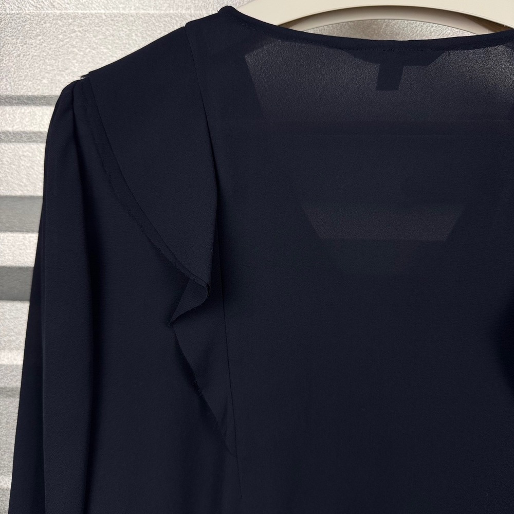 Banana Republic Navy Blue Chiffon Ruffle Front V-Neck Long Sleeve Blouse Size S - Picture 11 of 12